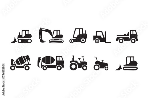 Construction vehicle icon pack featuring earthmoving and industrial machines