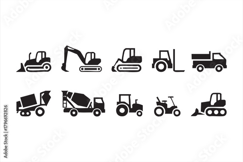 Bulldozer, excavator, forklift, and worksite equipment vector set