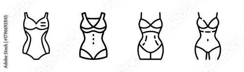 Collection of stylized female shapewear garments and swimsuits for fashion design