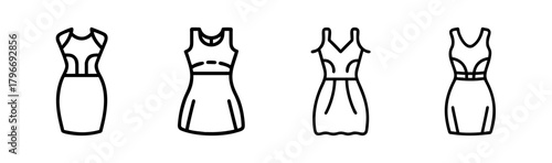 Collection of four simple sketch drawings of women's dresses showing different styles and cuts