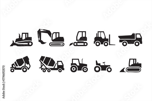 Black silhouette illustrations of heavy-duty construction equipment