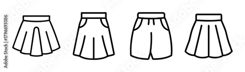 Collection of four simple line art drawings of skirts and shorts for fashion design
