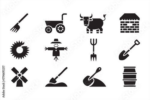 Traditional farm symbol vector pack with windmill, scarecrow, and equipment
