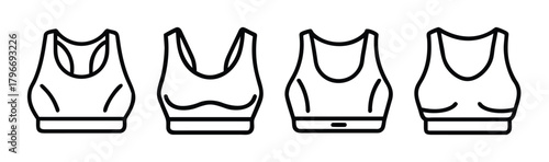 Four different styles of sports bras shown in outline graphics for athletic wear