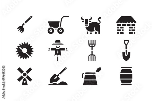 Rustic agriculture elements including animals, tools, and market stall icons