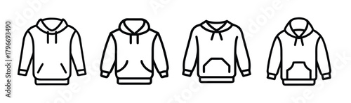 Four line art hoodies for fashion design apparel mockups clothing templates