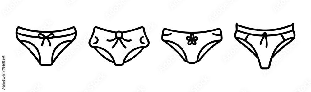 Fototapeta premium Collection of four simple line art drawings of women's underwear styles with decorative bows