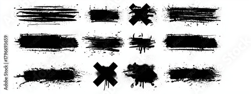 Grunge black ink brush strokes graffiti tags and abstract vector splashes forming X and Y shapes