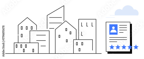 Sketched cityscape next to a digital profile with star ratings and cloud icon. Ideal for identity verification, customer reviews, smart cities, digital security, user feedback, business analytics