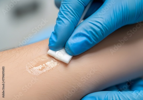 A close-up of a gloved hand cleaning an area of skin on an arm with an alcohol swab before an injection, leaving a wet, clean trail for antisepsis.