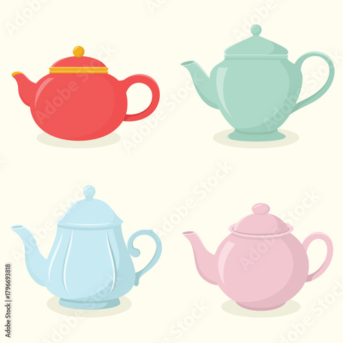 Set of different colours and shapes teapots. Teatime vector illustration.