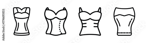 Collection of four line art fashion icons featuring different tube tops and corset styles