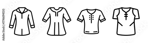 Set of four different tunics and tops with unique collar designs and sleeve lengths for versatile apparel graphics