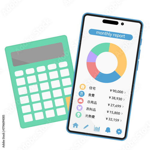 家計管理のイメージイラスト　電卓と家計簿アプリ