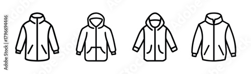 Collection of four hooded zipper windbreaker jackets sketch style outline four variations apparel