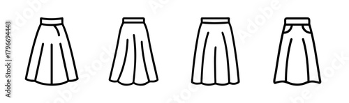 Four different pleated skirt designs featuring a waistband and flared hemline