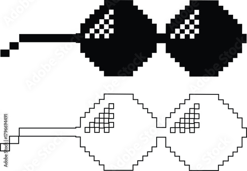 Pixel sunglasses icons set, retro pixelated glasses collection, meme and cool accessory vector illustration, black flat and line style design, digital 8-bit shades set on transparent background