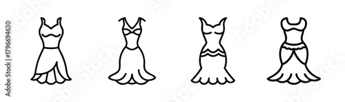 Four sketchy mermaid style dresses featuring different skirt designs and bodice details