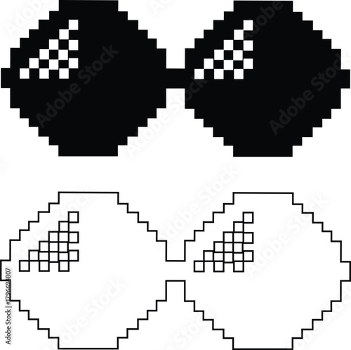 Pixel sunglasses icons set, retro pixelated glasses collection, meme and cool accessory vector illustration, black flat and line style design, digital 8-bit shades set on transparent background