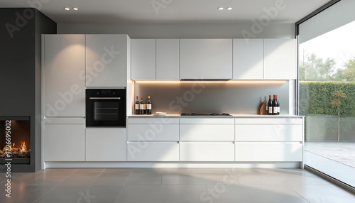 Modern kitchen with white cabinets, built-in oven. Sleek design with fireplace. Minimalist decor with luxury vibe. Bright interior. Large windows overlook green garden space. Wine bottles accent