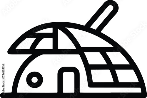 Black outline illustration of a geodesic dome greenhouse with a door and window black and white