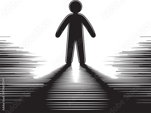 Dark vector silhouette of a human figure standing at a dividing path representing choices and an uncertain future