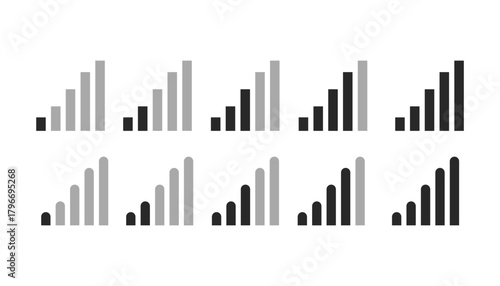 Mobile signal bars showing connectivity level from weak to full strength. Used to indicate network quality on devices.
