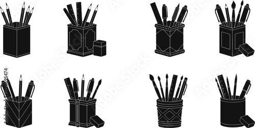 Pencil holder stationery vector icons, desk organizer silhouettes with pencils pens rulers brushes erasers, school office supplies, minimalist set, flavector