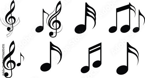 Stylized musical symbols vector icons, treble clefs and notes, elegant black and white music notation graphics for branding logos, flavector
