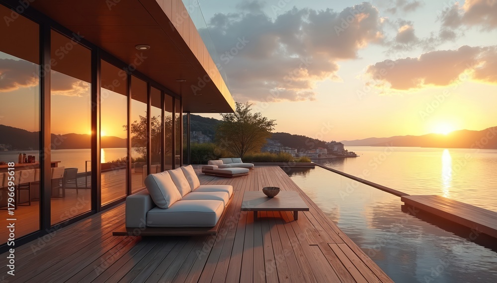 Obraz premium Modern penthouse terrace with infinity pool overlooking lake at sunset. Contemporary furniture on wooden deck provides luxury outdoor living space. Scenic mountain backdrop.