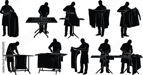 Tailor silhouette, garment making, sewing tools, fabric cutting, measuring tape, apron worker, textile craft, fashion design, cad drawing flat vector