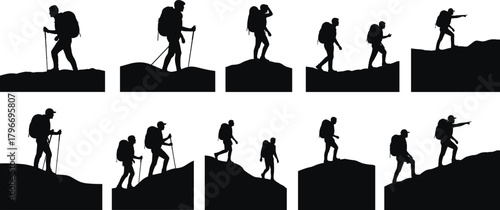 Hiking silhouettes, trekking people, outdoor adventure, mountain climbing, backpackers walking, nature exploration, wilderness journey, camping lifestyle, active travel, fitness trekking