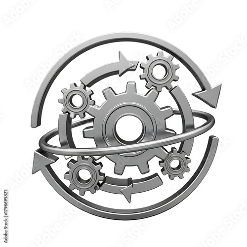 Interlocking gears and arrows forming a circular motion, representing process, workflow, and mechanical system
