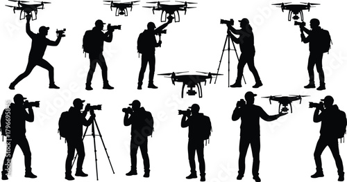 Flat vector illustration of photographers and drone operators using cameras, tripods, drones, outdoor shooting, technology, videography, modern photography, creativity, equipment