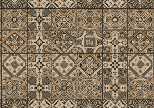 Decorative Ceramic Tiles with Geometric and Floral Patterns in Earth Tones