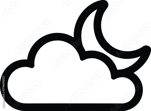 Black outline of a crescent moon behind a cloud on white background night