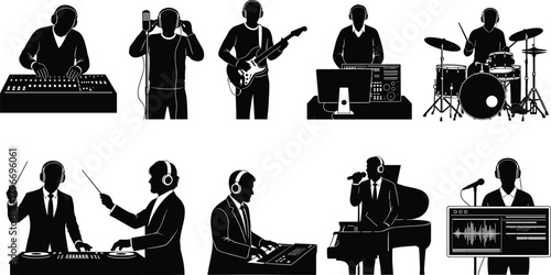 Flat vector illustration of musicians, DJs, singers, producers, playing instruments, recording, mixing, performing, digital audio workstation, music production, creativity