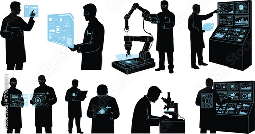 Flat vector illustration of scientists and engineers in high-tech laboratory, data analysis, robotics, digital screens, innovation, research, automation, technology, science