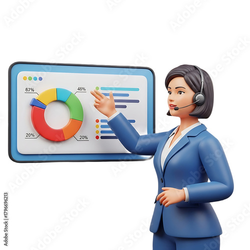 Businesswoman with headset pointing at a pie chart and bar graph on a screen