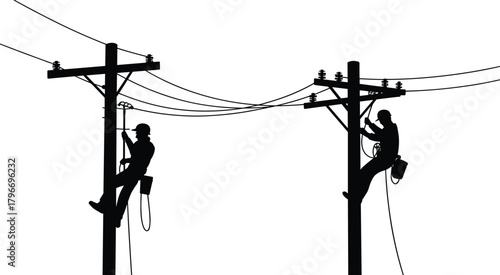 Flat vector silhouettes of utility pole workers climbing, repairing, maintaining electrical lines, safety gear, teamwork, electricity infrastructure occupation illustration design