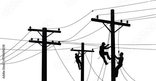 Flat vector silhouettes of utility pole workers climbing, repairing electrical lines, teamwork, safety gear, power infrastructure maintenance occupation illustration design