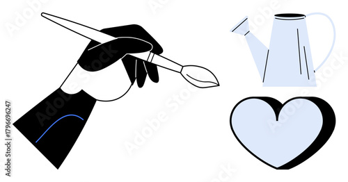 Hand holding paintbrush alongside watering can and heart, representing creativity, growth, love, and nurturing. Ideal for art, self-care, emotional health, inspiration personal growth balance