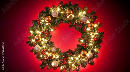 Luxury red background with golden wreath illuminated by warm festive ambient light