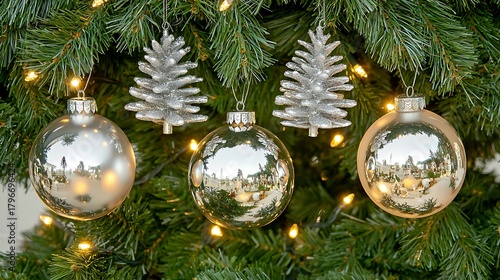 Minimal navy tone with silver pine ornaments illuminated under soft ambient glow