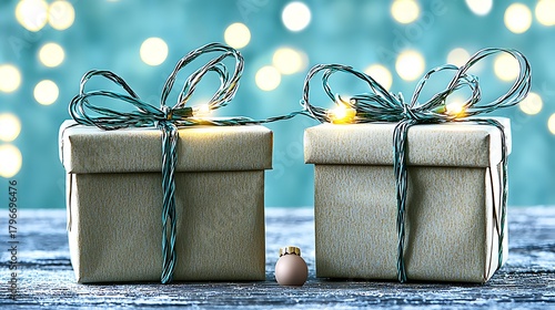 Minimal pastel background with small romantic gifts and glowing accents in warm tone