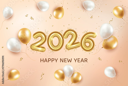 2026 New Year Premium Text With Floating Balloons On Beige Background. New Year's Eve Clearance Sale Offer Theme Vector Illustration For Greeting, Invite Card, Website, Banner, Postel, Flyer, Etc.