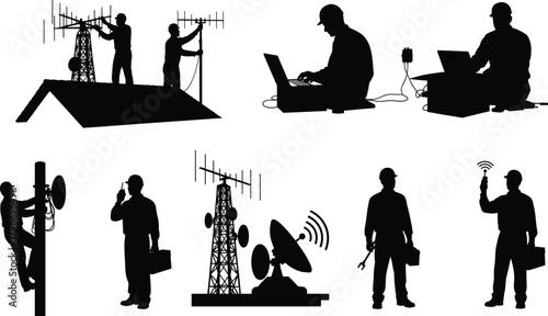 Flat vector illustration of telecommunications workers, network installation, antenna setup, signal testing, mobile communication, connectivity infrastructure, wireless technology maintenance