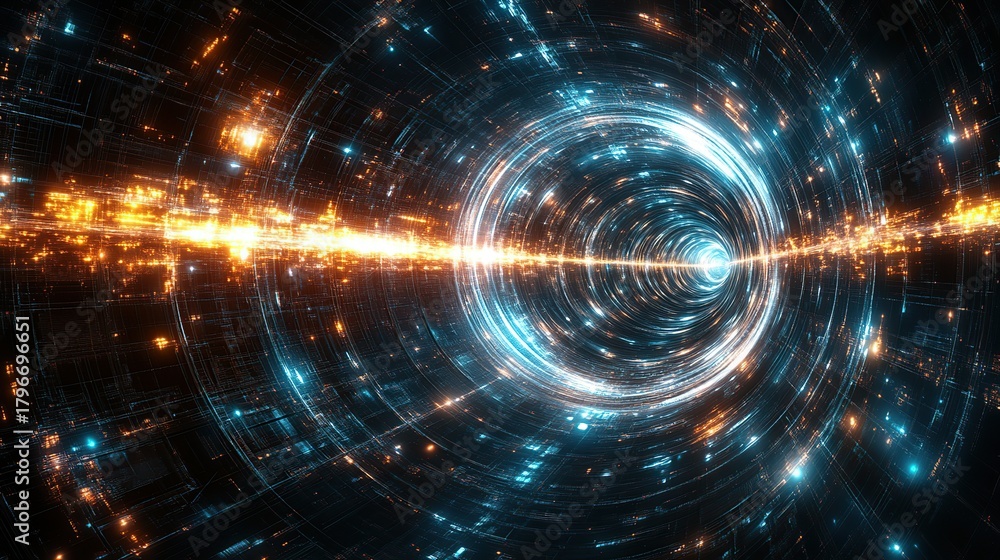 Obraz premium A Vibrant Sci-Fi Wormhole with Streaking Lights and Cosmic Particles