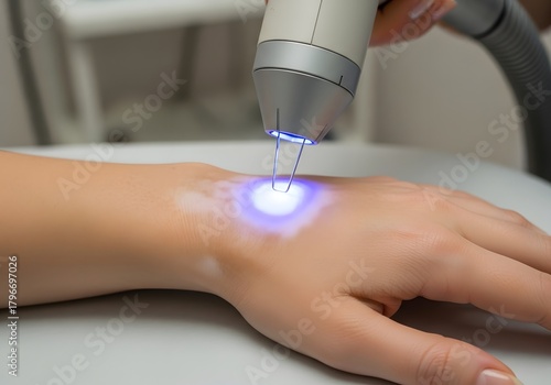 Excimer laser treating a vitiligo patch on a hand with UV light. Advanced dermatology treatment for skin repigmentation and autoimmune skin condition.