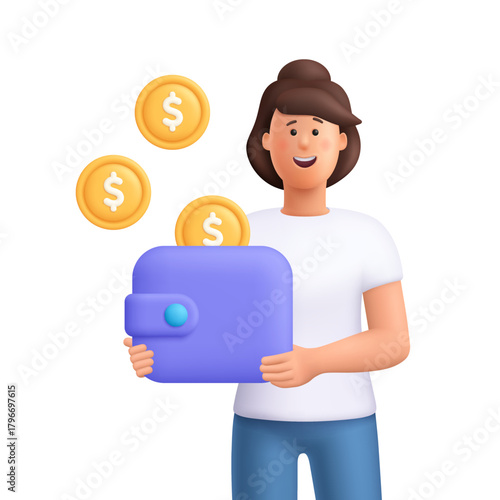 Young woman Jane holding wallet with coins flying around. Finance, savings, money management, business, saving money and digital wallet concept. 3d vector people character. Cartoon minimal style.